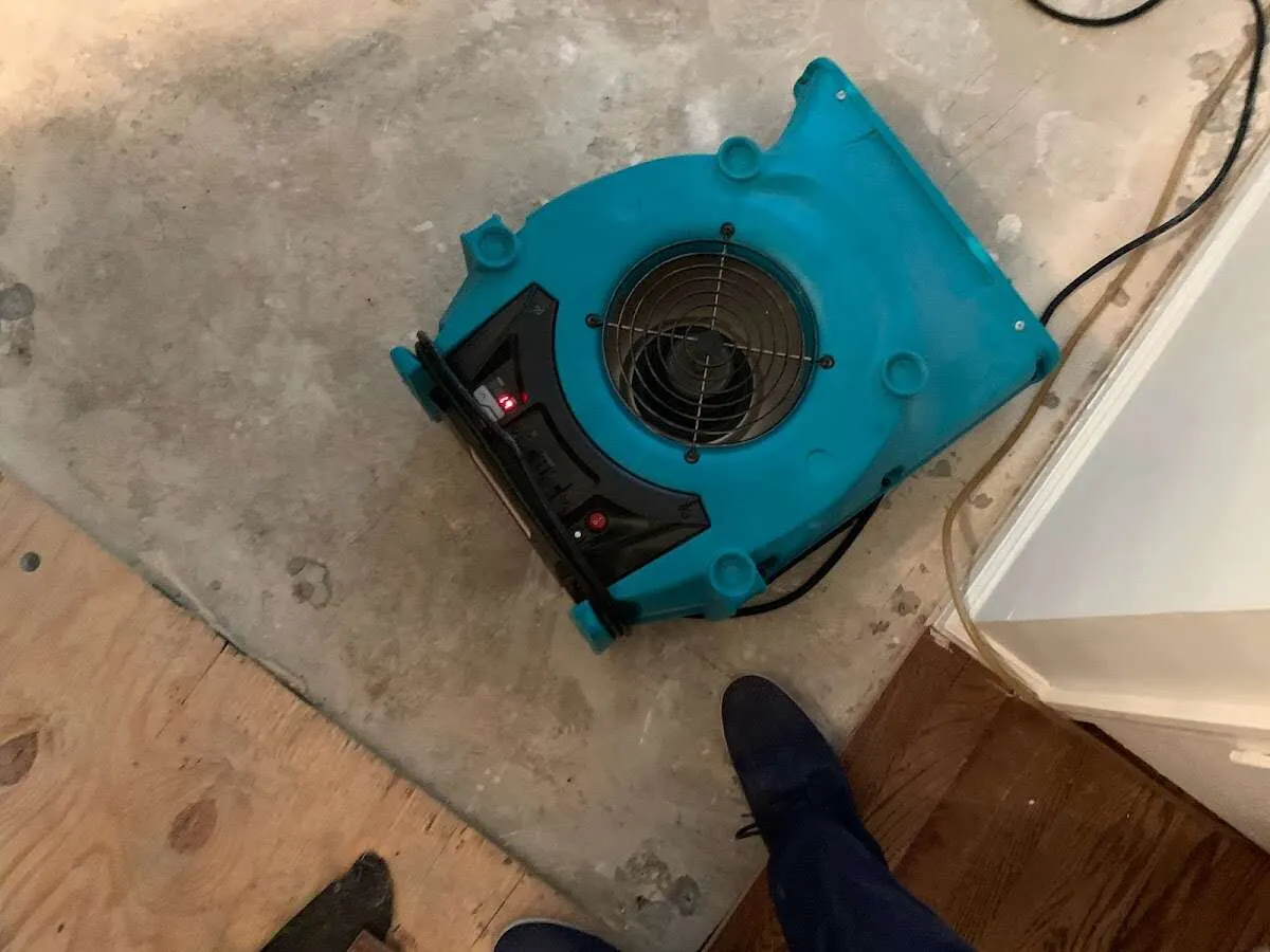Air mover drying subfloor during Leak Detection & Repair in Kewanee